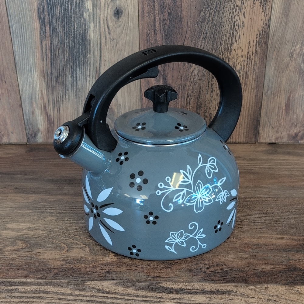 Temp-Tations Gray Floral 2.3qt Old World Stove Top Tea Kettle               C286